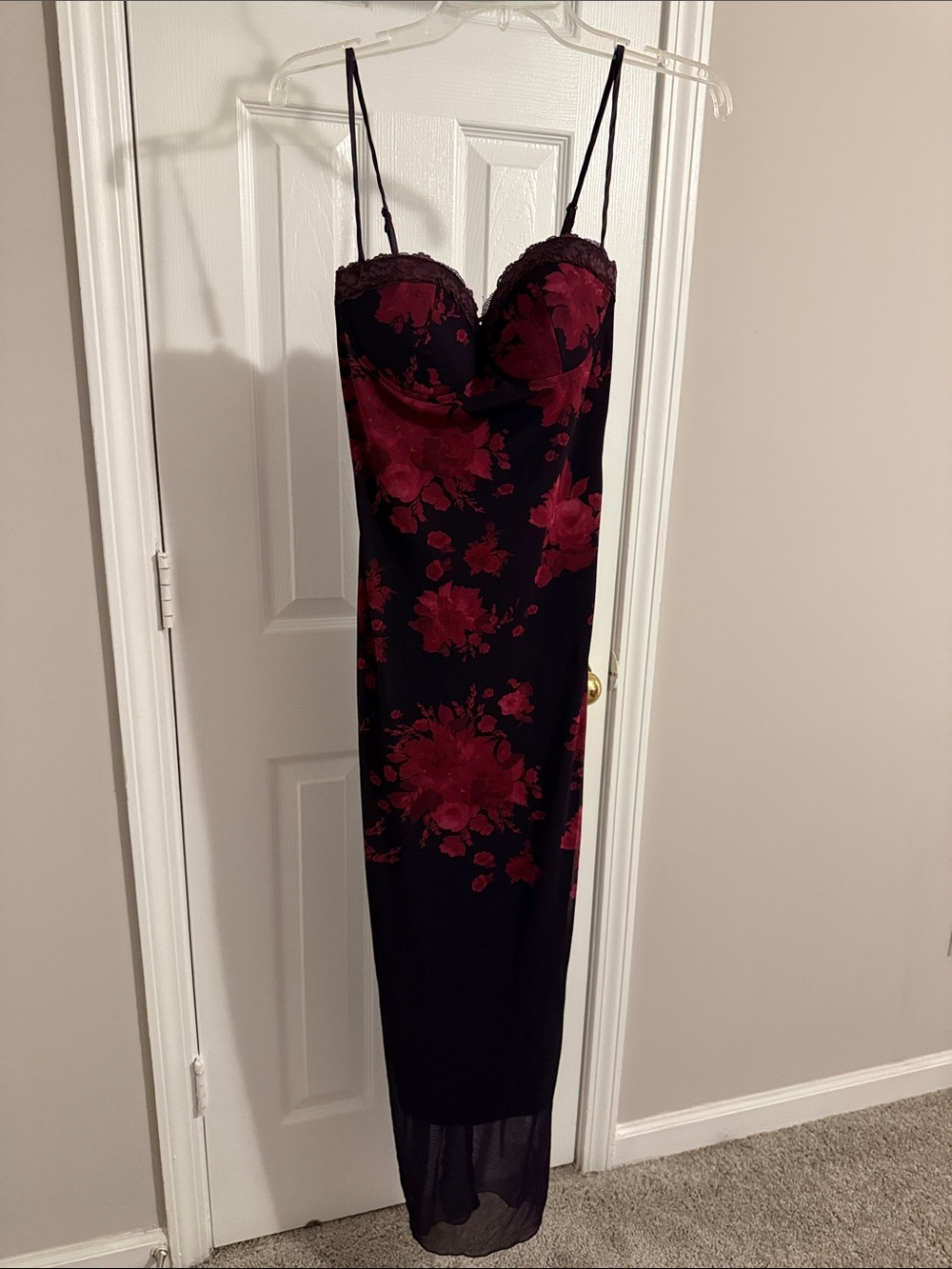 Fashion Nova Black Maxi Slip Dress with Burgundy Floral Print